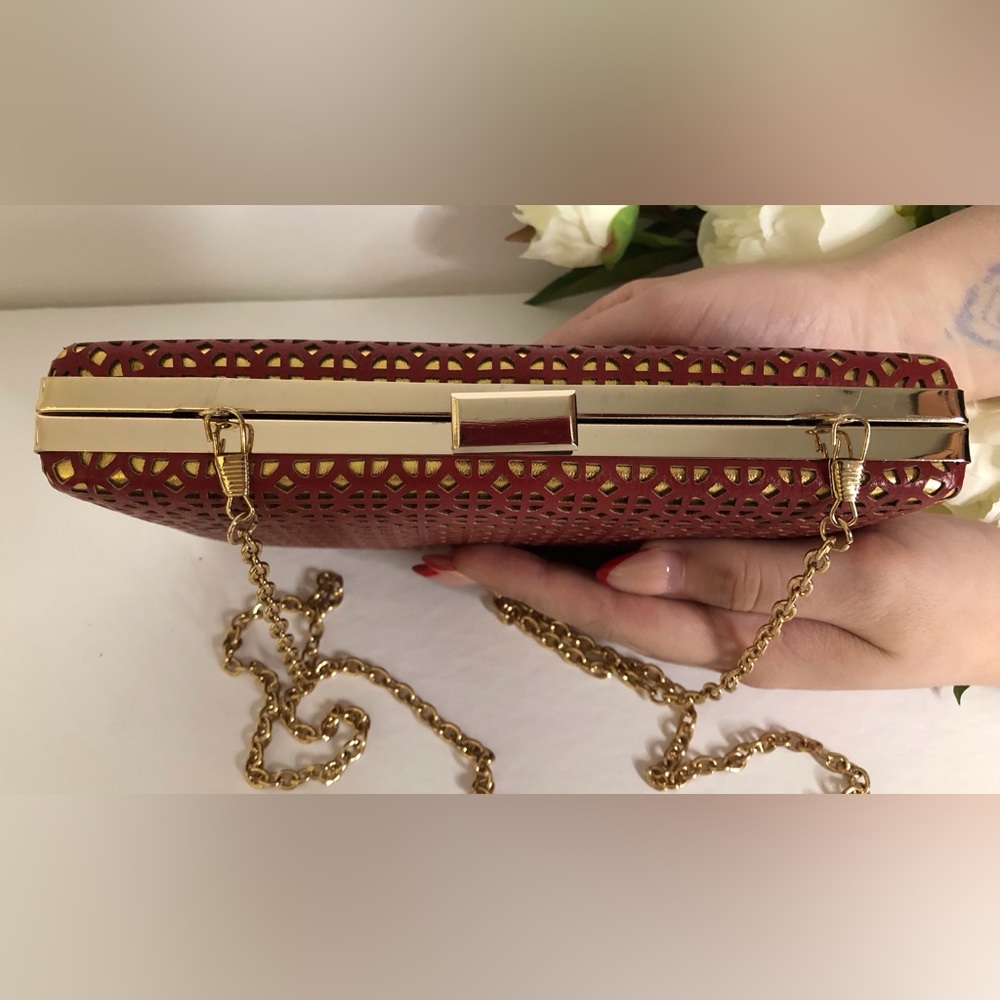 Red & Gold Geometric Cutout Clutch with Chain - Picture 9 of 11